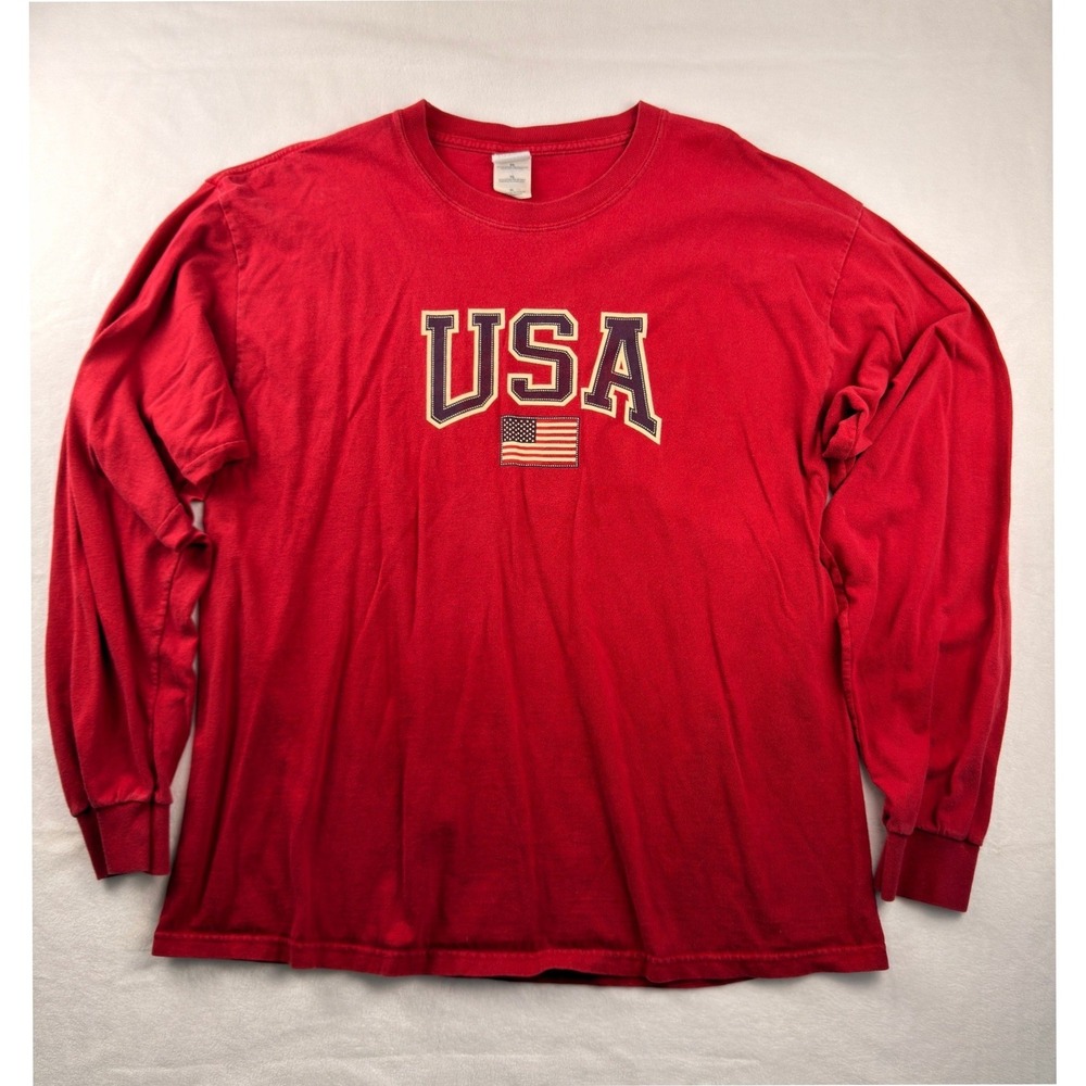 Vintage Americana Style Cotton Mens XL Red USA American Flag Long Sleeve